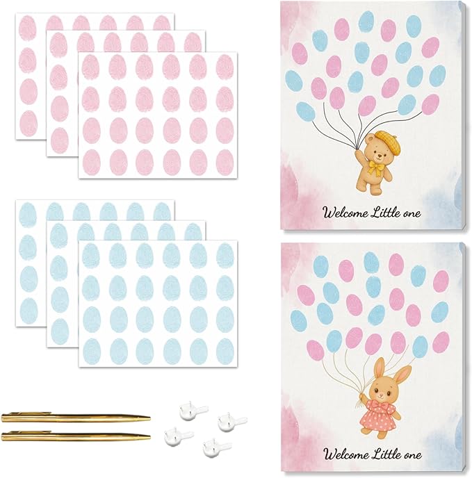 2PCS Fingerprint Guestbook with Bear and Bunny Baby Shower Guest Book Party Ideas Gender Reveal Fingerprint Guest Book with 2 Pens and 6 Stickers Gender Reveal Party Decorations