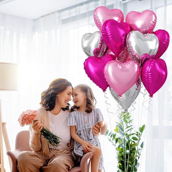TAOYE 12 Pcs 18 Inch Heart Balloons, Hot Pink Silver and Pink Heart Shape Mylar Balloons for Birthday Wedding Valentines Anniversary Baby Shower