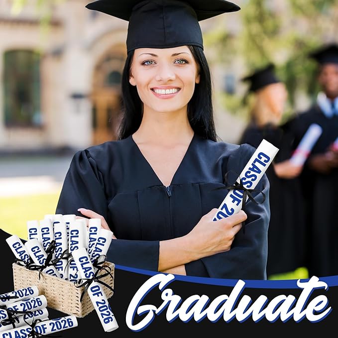 100 Set Graduation Class of 2026 Guest Blue Napkins Black Rolled Silverware Disposable Grad Award Dinner Napkin with Ribbon and Scissors for Celebration