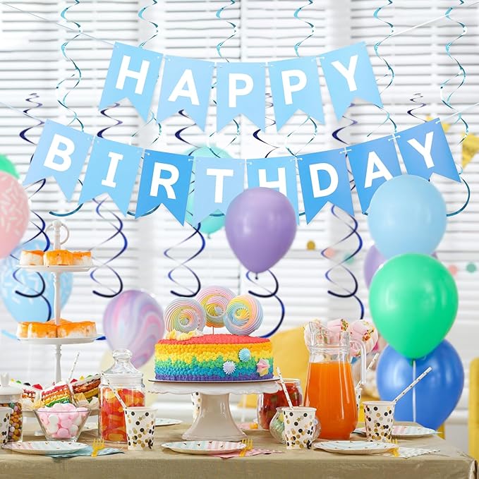 Multi Blue Happy Birthday Banner, Birthday Decorations with Metallic Hanging Swirl, Sign for Backdrop Party Decor, Bunting Banner for Men Women, Birthday Supplies for Boys Girls