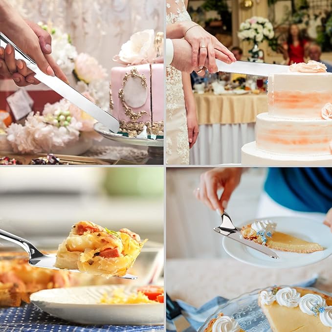 Cake Cutting Set for Wedding, Elegant Cake Knife and Server Set with Thickened Stainless Steel Rounded Edges, Cake Cutter and Pie Spatula for Birthday Anniversary, 2 Pcs, Silver