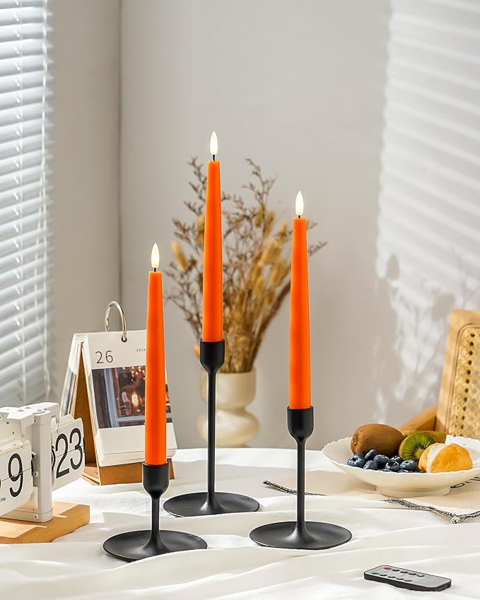 Orange Flameless Taper Candles with Remote and Timer, 9.65 Inch Real Wax LED Candlesticks, Fall Taper Candles Battery Operated with 3D Flickering Flame, Thanksgiving Candles for Table, 3 Pack