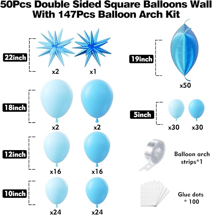 50pcs Blue Square Foil Balloons Wall Backdrop with 147pcs Blue Latex Balloon Garland Arch Kit, Double Sided Balloon Tunnel for Birthday Anniversary Graduation Baby Shower Party Decorations