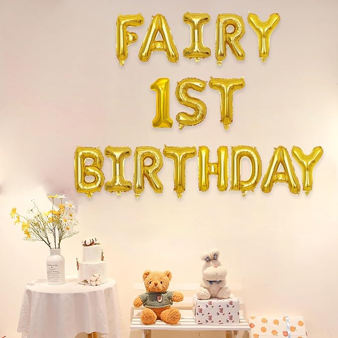 2 Set 32Pcs Gold Fairy 1st Birthday Letter Balloons 16in Foil Decorations Party Decor Supplies
