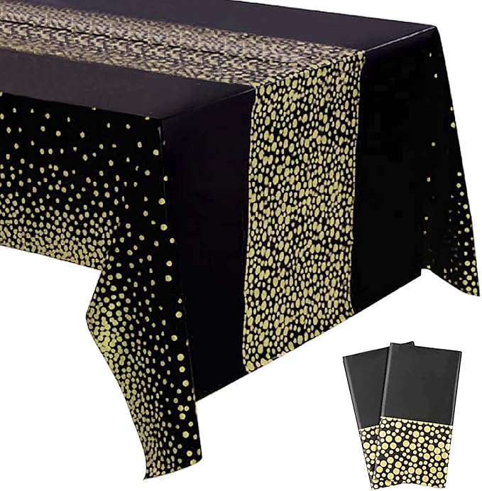 Yancorp 2 Pack Tablecloth for Rectangle Tables Gold Dot Disposable Tablecloths Plastic Tablecloth Party Table Covers for Birthday Thanksgiving Christmas Wedding Outdoor BBQ (Black-M, 2 Pack)