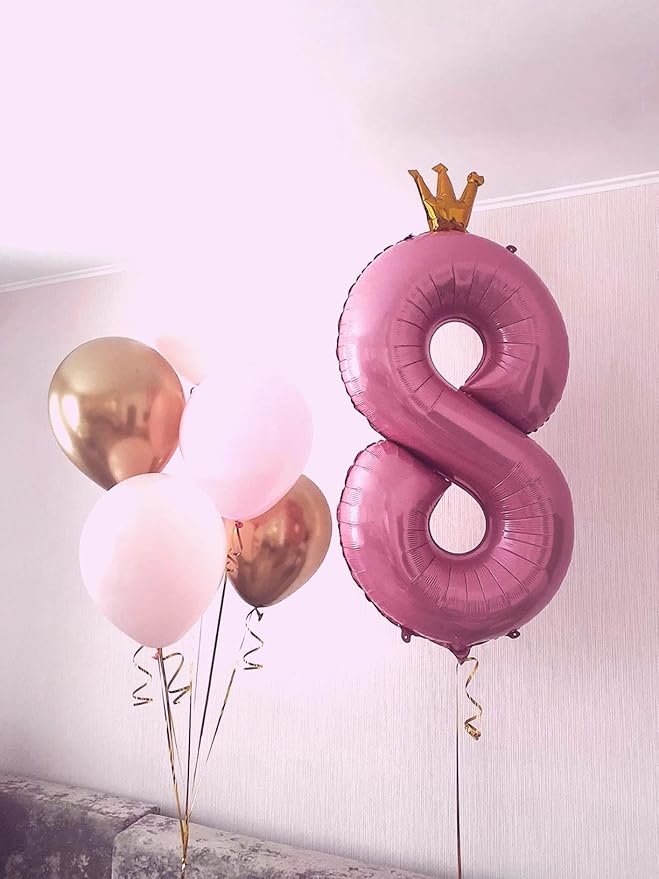 Helium Foil Pink Crown Number 8 Balloon 40 Inch, Mylar Eight Numbers 8 18 28 38 48 58 80 88 Birthday Balloons, Pink Crown Women Men Anniversary Graduations Party Supplies