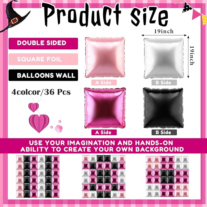 36 Pcs Black Pink Decorations Balloons Brick Square Foil Balloon Wall Backdrop Arch Kit Double Sided Metallic for Cartoon Video Game Birthday Party Supplies (Black Pink Silver)