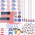 CAMIRUS 4th of July Party Favors, 126 Pcs Patriotic Accessories USA Flags Sunglasses Necklaces Glow Sticks Musical Blow Outs Mustaches Brooches Stickers for Independence Day, Memorial Day, Labor Day
