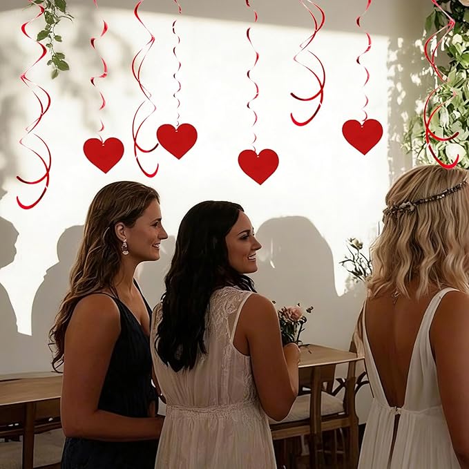 Red Heart Party Streamers Set, 20 PCS Single & Double Swirl Decorations with Foil Hearts - 35.5 Inch Hanging Decor for Valentine's Day, Weddings & Anniversary Parties