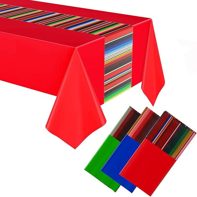 Oudain 3 Pcs Fiesta Tablecloth 108 x 54 Inch Plastic Tablecover Waterproof Mexican Tablecloth Mexican Striped Table Cover for Taco Night Festive Fiesta Wedding (Red,Green,Navy)