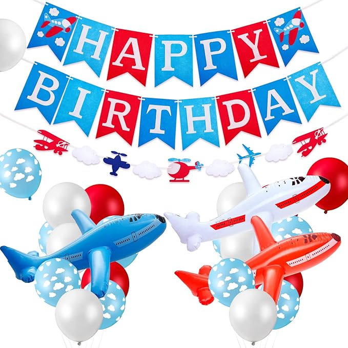 56 Pcs Airplane Birthday Party Decoration Inflatable Airplane Blue & Red Balloons Banners Air Adventure Themed Birthday Party Cloud Aircraft Decor