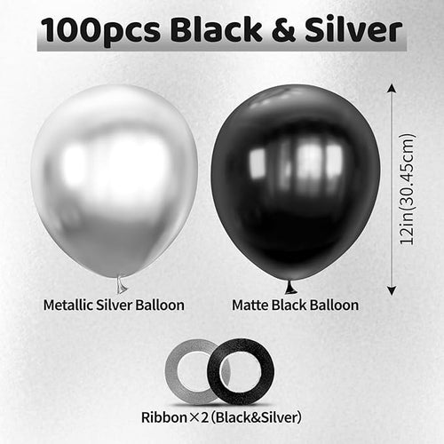 100pcs Black and Silver Balloons 12 Inch Metallic Silver and Black latex Party Balloons for Birthday Graduation Engagement New Year's Eve Party Decorations