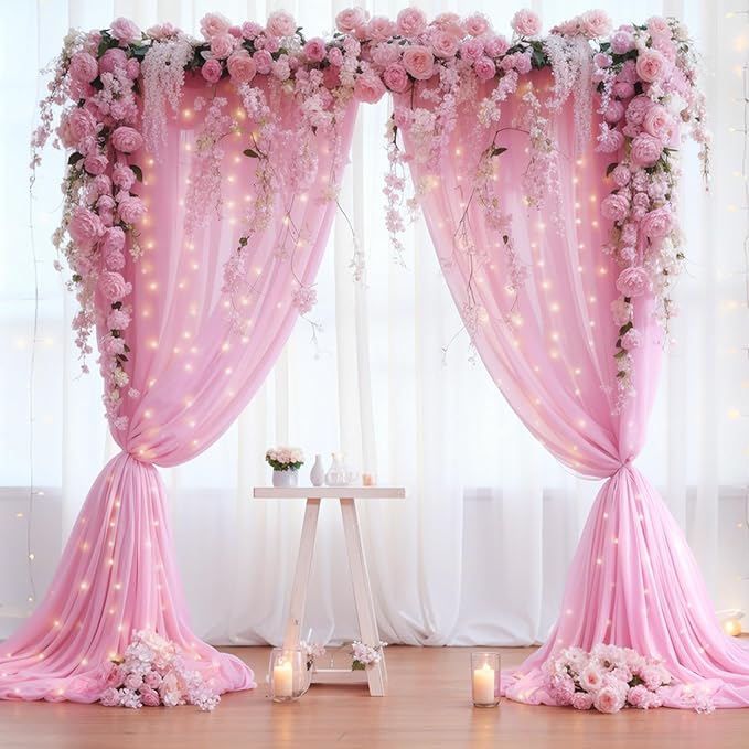 10x10ft Pink Chiffon Backdrop Curtain with Lights String for Wedding Sheer Tulle Curtain Photo Backdrops Drapes for Baby Shower Birthday Party Home Ceremony Decorations