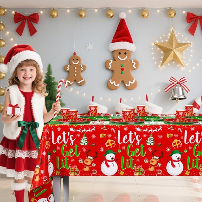 194 Pcs Christmas Party Supplies Decorations Friendsmas Christmas Party Decorations Let's Get Lit Santa Snowman Disposable Tableware Set with Plates Napkins and Tablecloth Serves 24 Guests
