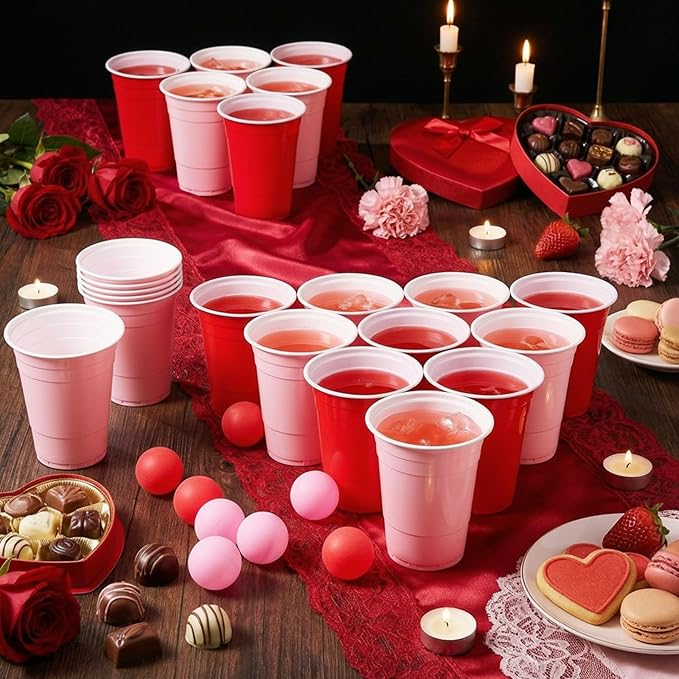 32 Pcs Party Game Set for Adult, Include 16oz Red Pink Plastic Cups with 8 Balls, Bachelor Party Disposable Cup Bulk for Summer Birthday, Anniversary, Wedding, Outdoor Toss Game Supplies