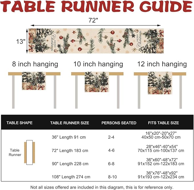 Merry Christmas Tree Dining Table Runner, Xmas Balls Pine Needle Branches Burlap Kitchen Decoration, Winter Holiday Indoor Outdoor Home Decor Party Supply 13 x 72 Inches