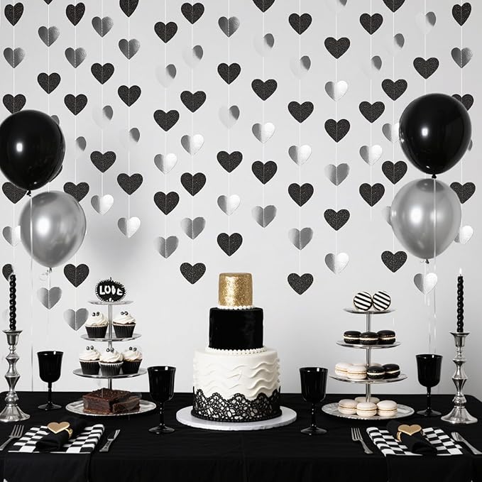 GCQQ Black White Silver Party Decorations - 52FT Black Glitter Heart Garland 4 Pack Paper Birthday Hanging Streamer Garlands for Valentine's Day Wedding Engagement Anniversary Bachelorette Party Decor