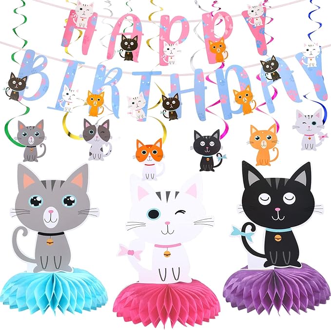 Chinco 16 Pcs Cat Theme Birthday Party Decorations Party Supplies Kit, Includes Cat Party Banner with 6 Hanging Cutouts 6 Hanging Swirl Decor and 3 Birthday Honeycomb Party Decoration(Cool Style)