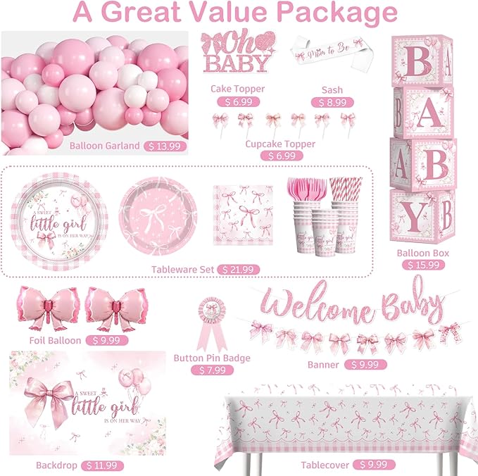 cocomigo 238 Pcs Pink Bow Baby Shower Decorations, All-in-One Party Pack for 20 Guests, Includes Tableware, Backdrop, Banner, Balloons and More for Bow Themed Baby Shower Decorations