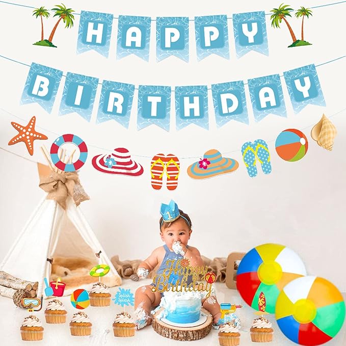 Zwiebeco Seaside Happy Birthday Party Decoration Blue White Sign Starfish Conch Hanging Paper Banner for Kids Adults Tropical Hawaiian Beach Pool Summer Accessories Supplies