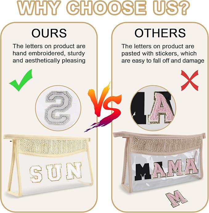 Iqimott 2Pcs Preppy Patch Sun Bag Makeup Letter Bag, Boho Letter Sun Bags for Beach Swim, Waterproof Zipper Make up Bags Toiletry Pouch for Women Girls, Clear Transparent Pouch for Travel(Sun)