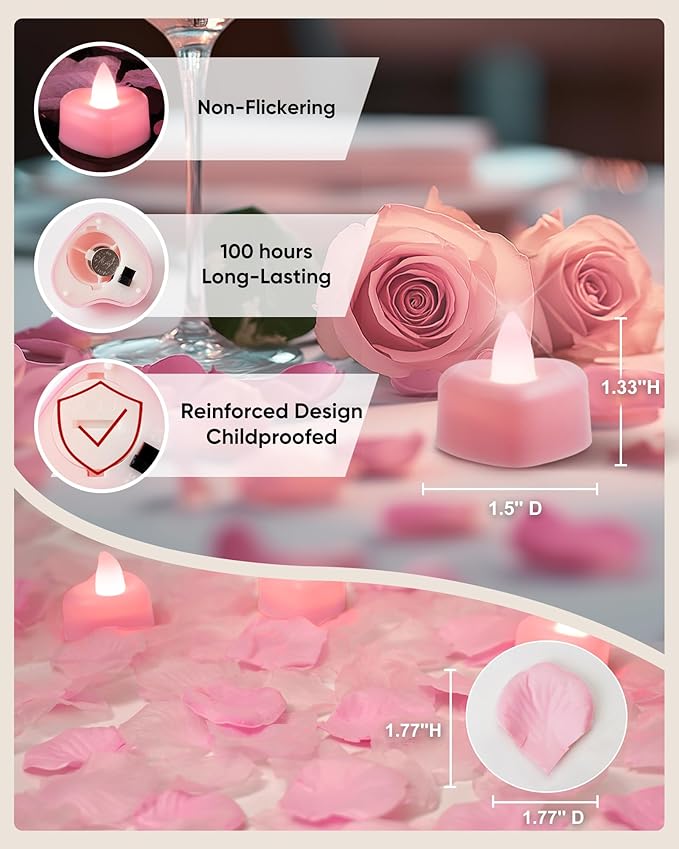 Amagic 2000 Pieces Pink Artificial Rose Petals with 24 Pink Heart LED Tea Lights, Rose Petals and Candles Set for Proposal, Anniversary, Romantic Night, Wedding Decor