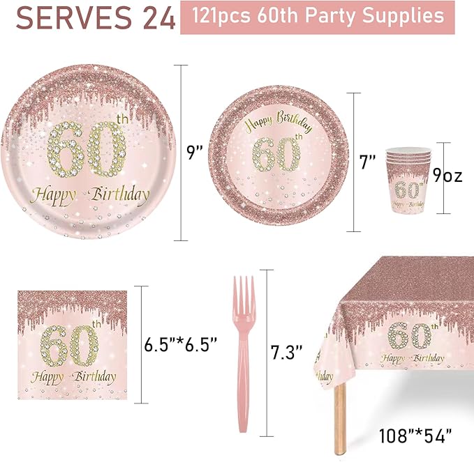 121Pcs 60th Birthday Party Supplies Plates Napkins Cups Forks Tablecloth Rose Gold Happy 60th Birthday Themed Disposable Tableware Decorations Serves 24 Guests for Women 60 Years
