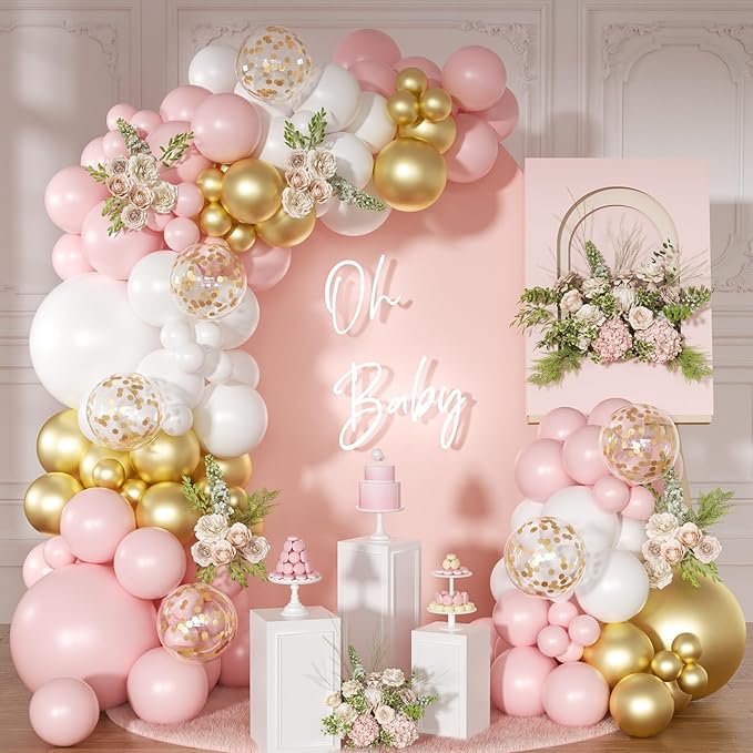 Pink and White Balloon Arch Kit, 138 Pcs Pink and Gold Balloon Garland Arch Kit Include Pastel Pink White Gold Confetti Balloons for Birthday Baby Shower Wedding Bridal Shower Party Decorations