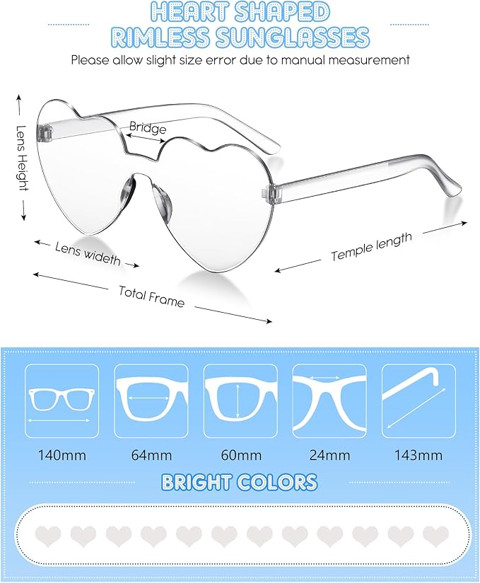 Photect 12 Pair Heart Shaped Sunglasses Neon Color Transparent Heart Glasses for Women Party Favor