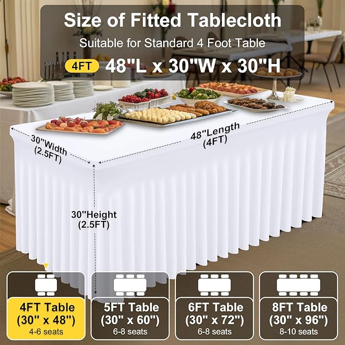 Smiry Spandex Tablecloth 2 Pack, Elastic Fitted Stretch Tablecloth for 4FT Rectangle Tables, Waterproof Washable Table Cover Skirt for Outdoor, Wedding, Banquet & Parties (White, 48Lx30Wx30H Inch)