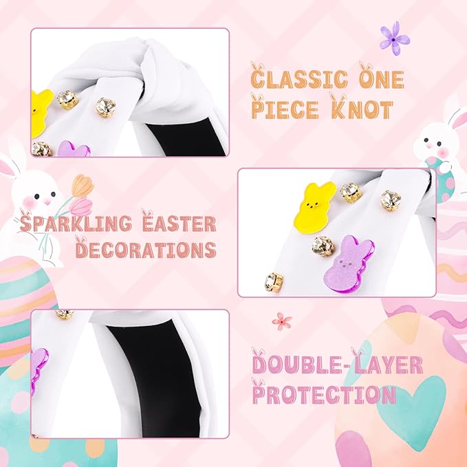 Easter Bunny Headbands for Women, Easters Outfits for Girls Rhinestone Jeweled Rabbit Ears Knotted Headband, Easter Basket Stuffers, Spring Party Favor Gift Peeps Hair Accessories (White)