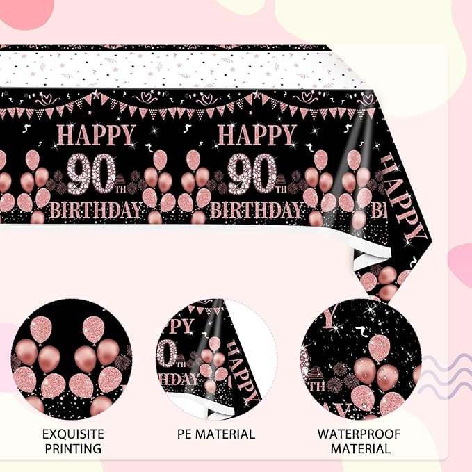 3PCS 90th Birthday Tablecloth 90 Year Old Black and Rose Gold Birthday Decorations Cheers to 90 Years Table Cloth Disposable Plastic Rectangular Table Cloth for Women