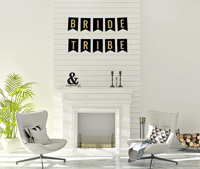 Andaz Press Faux Gold Glitter on Black Bridal Shower Bachelorette Party Banner Decorations, Bride Tribe, Approx 5-Feet, 1-Set, Colored Hanging Pennant Decor