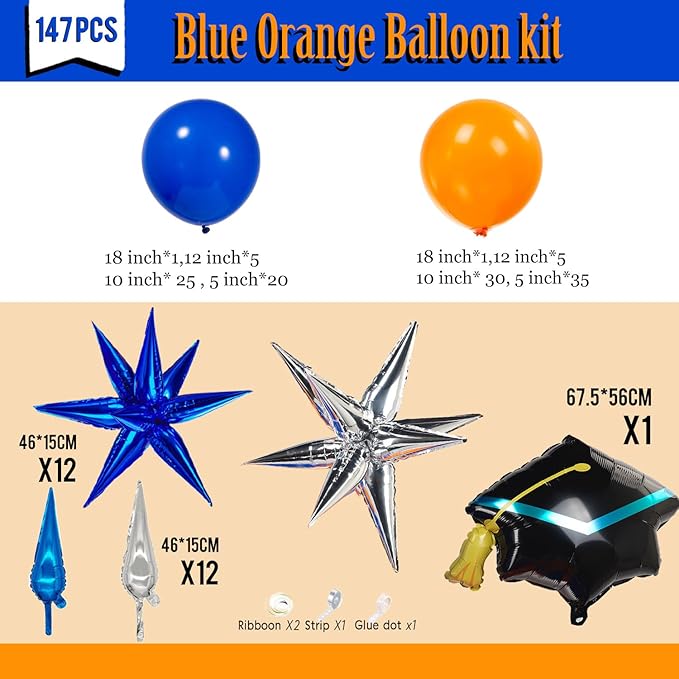 kozee royal blue and orange balloon garland arch kit 150+pcs with graduation cap Blue star mylar balloons for Men birthday 2026 Graduation Ceremony Prom decorations