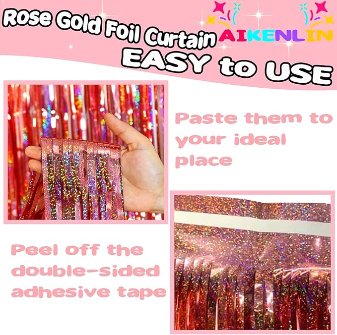 4 Pack 3.2Ft x 8.2Ft Rose Gold Foil Fringe Curtain Backdrop, Metallic Tinsel Foil Fringe Streamers Curtains Background for Photo Booth, Birthday, Wedding, Disco, Bachelorette, Christmas Party Decor