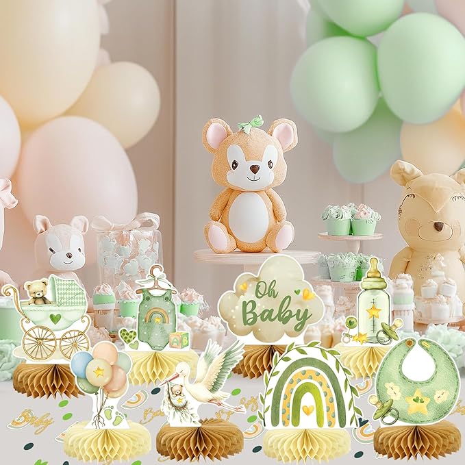 8Pcs Bear Baby Shower Decorations Honeycomb Centerpieces for Boy, Confetti Baby Shower Table Decorations Birthday Party Table Centerpieces Toppers Party Decor (Green)