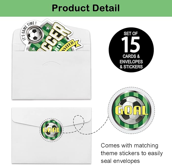 REWIDPARTY Soccer Birthday Party Invitations with Envelopes & Stickers（Set of 15）Soccer Game Shaped Fill-in Invitations Soccer Party Invite Cards Soccer Sport Party Invites Supplies for Kids Adults