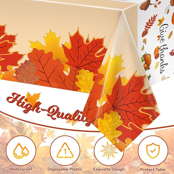 3pcs Thanksgiving Tablecloth, Thanksgiving Decorations Disposable Plastic Fall Tablecloth Maple Leaves Table Cover for Friendsgiving, Indoor and Outdoor 54 X 108 inch