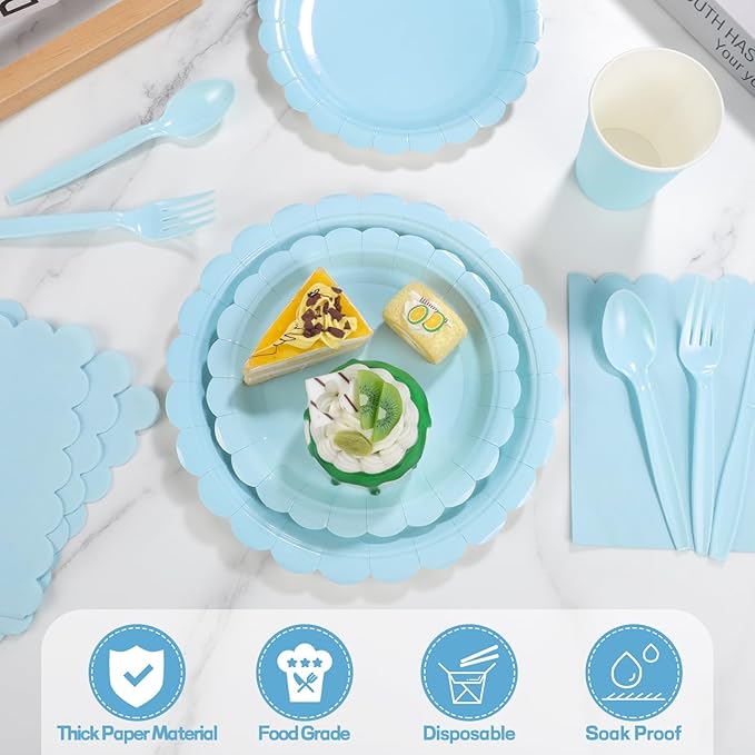 175 Pcs Light Blue Paper Plates and Napkins, Boy Baby Shower Decorations Include Light Blue Scalloped Plates Napkins Cups Plastic Spoons Forks Knives for Birthday, Bridal Shower, Wedding,