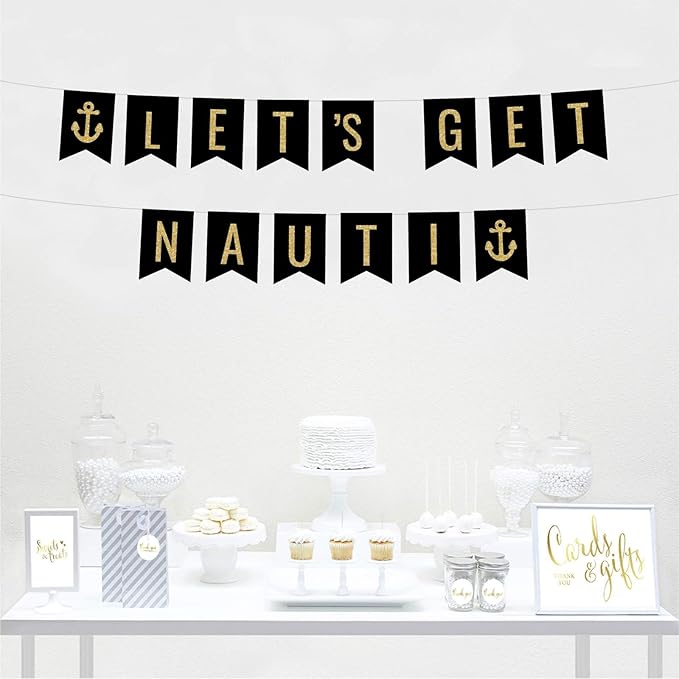 Andaz Press Faux Gold Glitter on Black Funny Alcohol Party Banner Decorations, Let's Get Nauti, Anchor Graphic, Approx 5-Feet, 1-Set, Wedding Bridal Shower Bachelorette Colored Hanging Pennant Decor