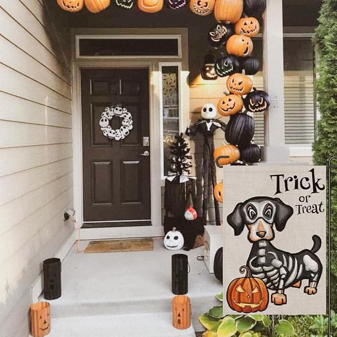 Halloween Trick or Treat Garden Flag Ghost Dog 12x18 Inch Small Double Sided Burlap Welcome Yard Dachshund Skeleton Outside Decorations DF342