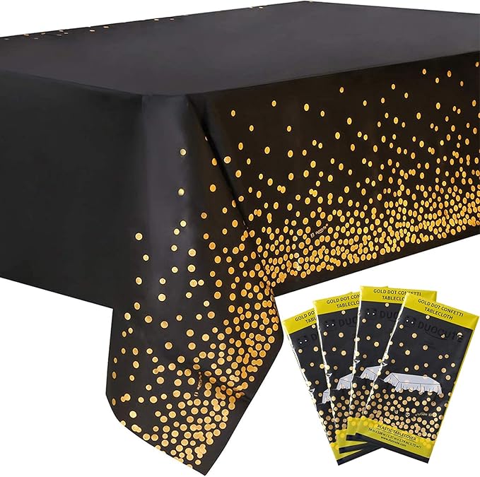 108"x54" 4 Packs Black and Gold Disposable Party Tablecloth for Rectangle Table, Gold Stamping Dot Confetti Rectangular Plastic Table Cover, for Graduation, Birthday, New Year Eve 2026