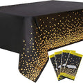 108"x54" 4 Packs Black and Gold Disposable Party Tablecloth for Rectangle Table, Gold Stamping Dot Confetti Rectangular Plastic Table Cover, for Graduation, Birthday, New Year Eve 2026