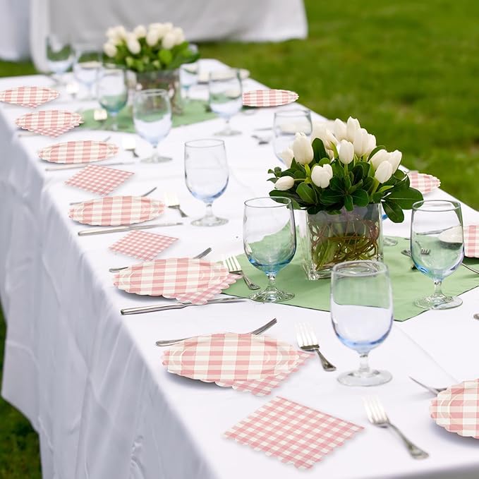 75Pcs Light Pink Gingham Party Supplies - 7Inch Scalloped Paper Plates and Napkins Checkered Plates Disposable Pink and White Plaid Party Decor for Baby Shower Wedding,Serves 25