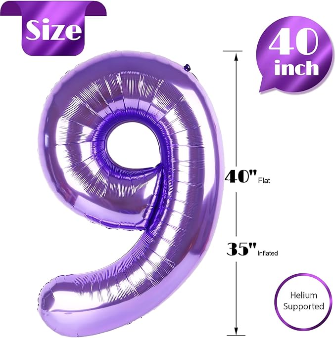 Purple 9 Balloon, Number Balloon 40 Inch, Purple Party Decorations, Giant Birthday Decorations for 9th 19th 29th 90th, Number 9 Balloon
