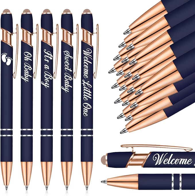 Jspupifip 50 Pcs Baby Shower Pens with Stylus Tip Metal Retractable Ballpoint Pens It's a Boy or Girl Black Ink Pens Bulk for Baby Shower Games Favors Decor Office School Writing Supply(Dark Blue)