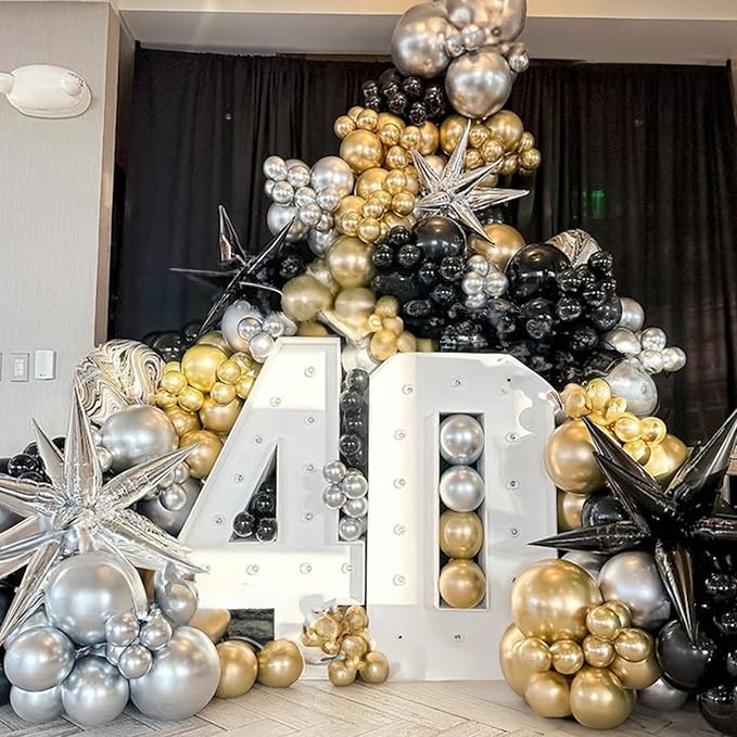 Black and Gold Balloon Garland Arch Kit New Year with 4D Disco Ball Explosion Star Balloons, Black Silver Gold Balloons for 2026 New Year Eve Grad Birthday Retirement Party Decorations