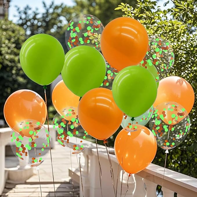 Orange and Green Balloons with Confetti Balloons 12 inch Latex Balloons 80 Pcs for Wedding Birthday Baby Shower Patriotic Themed Party Decorations