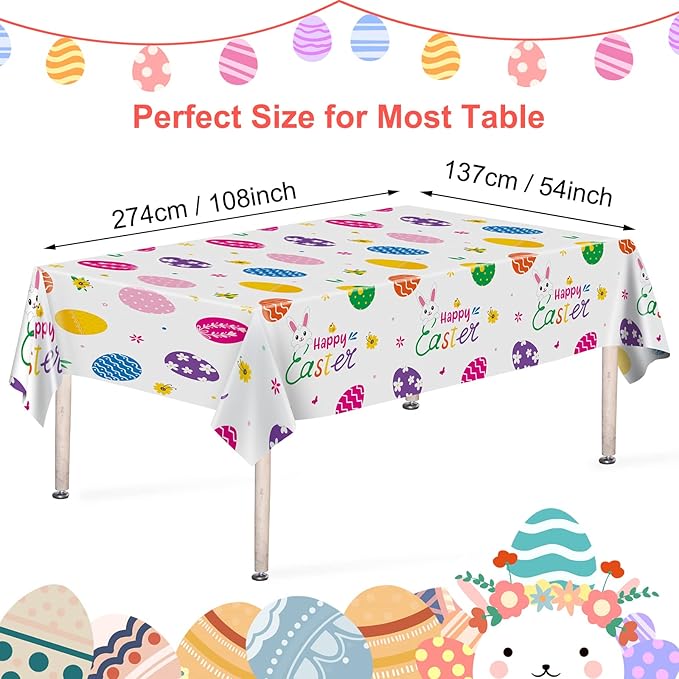 3 Pcs Easter Tablecloth-Happy Easter Bunny Table Cover, Disposable Plastic Rectangle Easter Colorful Eggs Table Cloth for Spring Easter Day Table Decorations and Party Supplies, 54 x 108 Inch