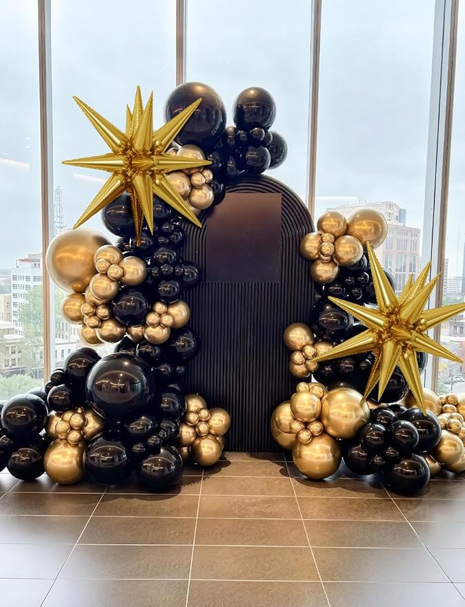Black and Gold Balloons Arch Garland Kit, 110 Pcs Black Gold and Foil Starburst Balloon, Different Size Latex Balloons for New Year Party Birthday Retirement Anniversary Wedding Graduation Decor